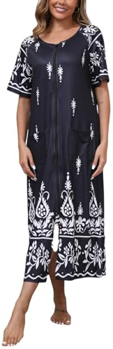 Rubehoow Dressing Gown Robe for Women Short Sleeve Zipper Robe Full Long Lounge Mumus Nightgown with Pockets