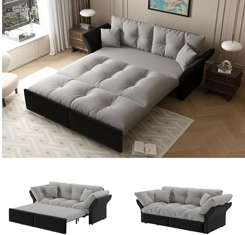 Bladez Ausziehbare Schlafcouch, 190 cm Schlafsofa 2-Sitzer Klappsofa Multifunktionelles Velourssofa-Bett, Kompaktes Gästebett für Wohnzimmer kleine Räume, Hellgrau