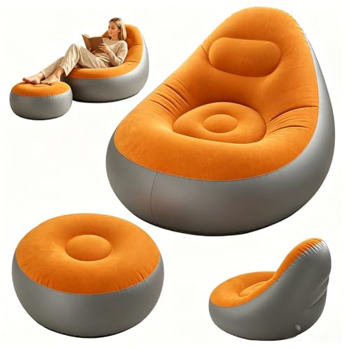 JJZENKD Aufblasbares Sofa mit Fußhocker, Aufblasbarer Sitzsack, Aufblasbares Stuhl Sofa, Luftsofa Aufblasbarer Lounge Sessel, Tragbare Aufblasbarer Stuhl für Wohnzimmer, Schlafzimmer, Garten (Orange)