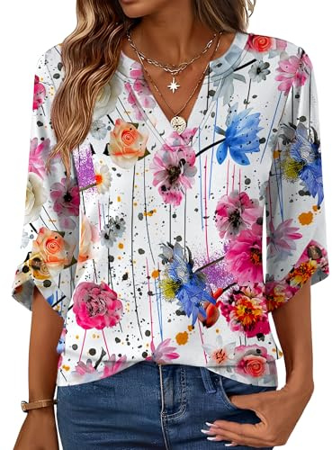 Rapbin T-shirt à manches 3/4 et col en V pour femme | T-shirt à manches 3/4 pour femme avec col en V pour l'été et l'automne