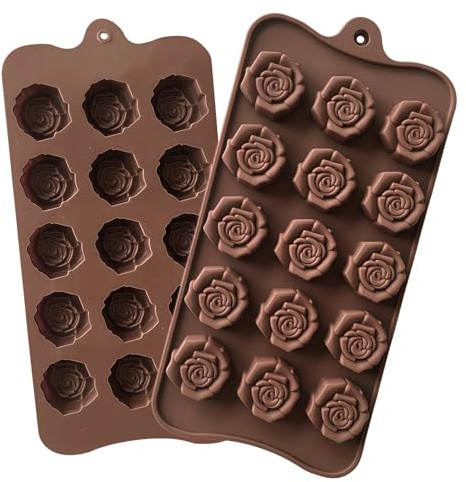 SamHeng Rose Shaped Silicone Moulds, 2 Pcs Chocolate Moulds | 15 Cavity, Flower Candy Mould, Non-Stick, for Baking Jelly Gummy Ice Cube Desserts