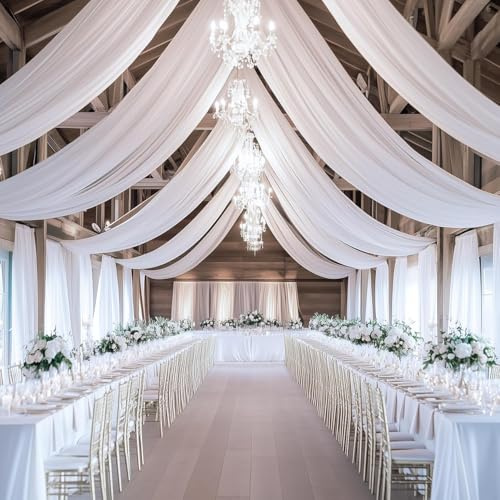 Wedding Ceiling Drapes Kit, 6‑Panel 5ft×10ft White Sheer Chiffon Curtains | Comes with hanging rings. Elegant sheer fabric for arches, parties, ceremonies, tent & stage decorative styling.