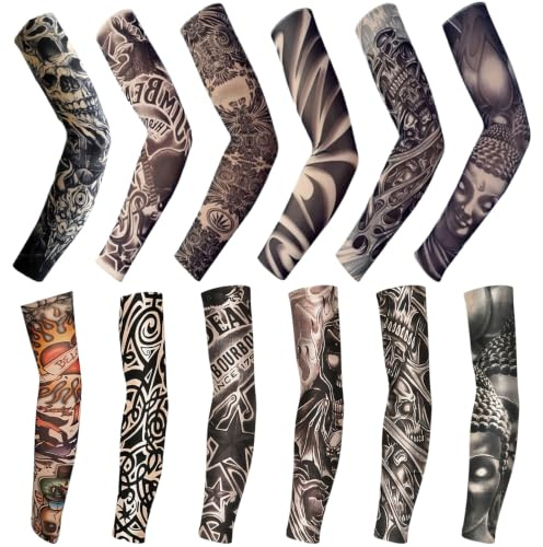 Kemay 12 Pieces Tattoo Sleeves for Men & Women, UV Sun Protection Arm Sleeves, Elastic Cooling Compression Gaming Sleeves, Realistic Fake Tattoo Cover Up for Cycling, Basketball, Outdoor Sports