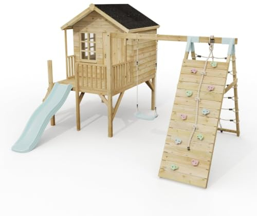 ClassicPlay Premium 5ft Playhouse on Deck with Single Swing, Slide and Climbing Wall Ice Blue