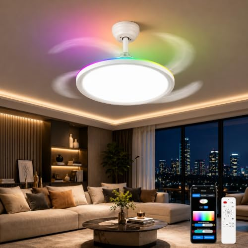 Ventilateur de Plafond avec Lumière Ø50 cm, Ø105 cm en Fonctionnement, Plafonnier Ventilateur RGB Rétroéclairé, Lampe Ventilateur Dimmable 3000K-6500K, 6 Vitesses, APP & Télécommande, Silencieux