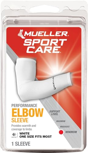 MUELLER Sports Medicine Performance Compression Elbow Sleeve, Arm Pain Relief Support for Men and Women, Ideal for Strains, Cuts, Scrapes, Fits Right or Left, White, One Size