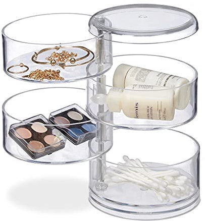 Relaxdays Kosmetik-Organizer mit 4 drehbaren Fächern, Make Up Kit f. Lippenstift etc., Kosmetik-Tower Acryl, transparent
