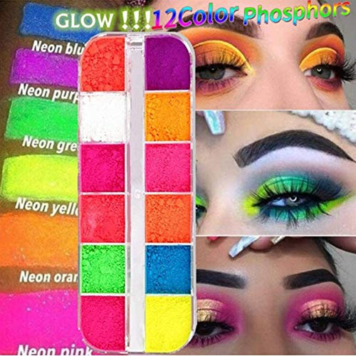 12 colores / caja polvo de sombra de ojos suelto, pigmento de neón fluorescente paleta de maquillaje brillo sombra de ojos cara pintura corporal pintura artesanía uñas arte cosméticos