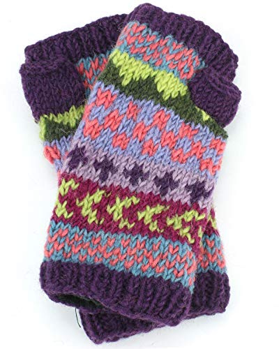 Woll-Armwärmer Handschuhe handgestrickt in Nepal Gr. Einheitsgröße, violett