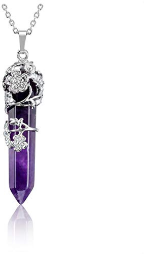 Jovivi Amethyst Rose Quartz Healing Crystal Point Pendant Necklace for Women, Silver Flower Wrapped Hexagonal Energy Healing Chakra Stone Necklace Gemstone Balancing Jewellery Gifts