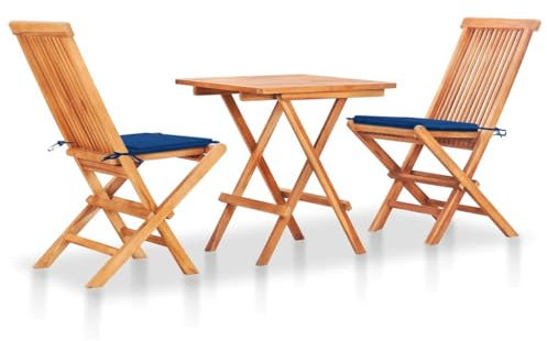vidaXL Teak Massiv Bistroset 3-TLG. mit Königsblauen Kissen Klappbar Gartenset Balkonset Gartenmöbel Balkonmöbel Sitzgruppe Klapptisch Klappstuhl