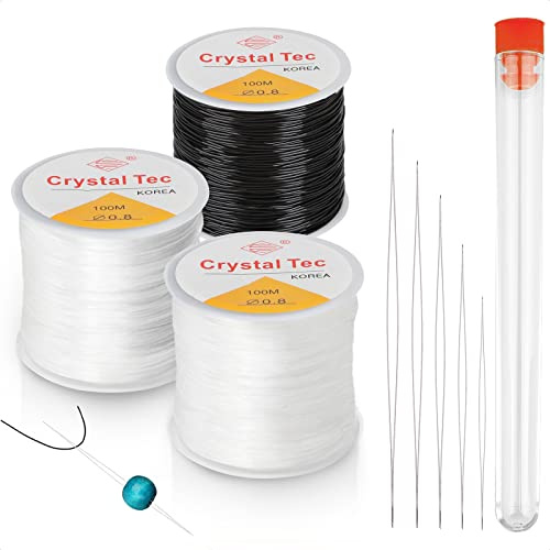 MOSNOW 3 Rollen Gummiband für Armbänder 0,8mm 100m, Nylonfaden Reißfest Elastisch Schmuckfaden Perlen Faden, mit 5 Perlen Nadels and Storage Tube für DIY Schmuck Handwerk (Transparent, Schwarz)