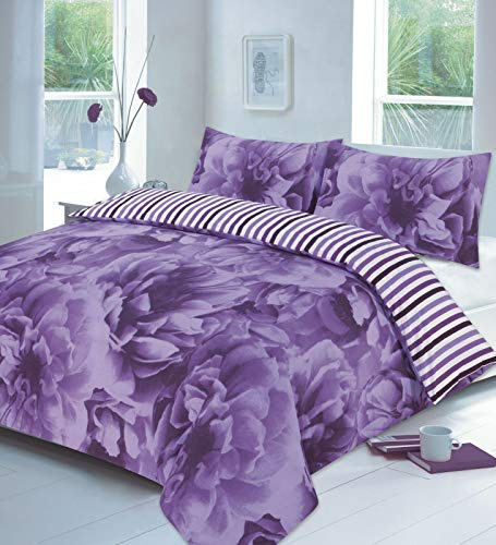 HOMES-LINEN Rose Floral Reversible Stripes Duvet Cover Set Easy Care Printed Bedding Set (Lilac, Double)