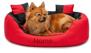 lionto Lit pour Chien 4-en-1 avec Coussin réversible, 65x50 cm, Coussin pour Animaux de Compagnie de Toutes Tailles résistant aux griffures avec entrée Basse, Rouge/Noir (avec nom imprimé)