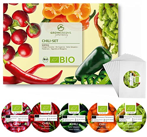 Semi di peperoncino biologico con 5 varietà - Kit di semi di peperoncino ideale per la coltivazione in giardino, sul balcone o sul orto rialzato