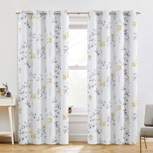 Beauoop Yellow Grey Floral Blackout Curtains for Living Room Bedroom 90 Inch Drop Leaf Print White Eyelet Curtain Botanical Thermal Insulated Noise Reducing Window Curtain Drapes 2 Panels