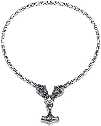 VNOX Men Stainless Steel Wolf Head Norse Viking Amulet Thor Mjolnir Necklace King Chain with Flat Byzantine Chain