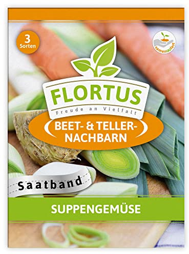 FLORTUS Suppengemüse Saatband | 3 Saatbänder für Gemüse Anbau | Saatgutmischung für Möhren, Porree und Knollensellerie