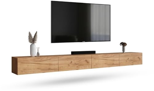 Planetmöbel West TV-Schrank, Fernsehtisch 320 cm lang, TV-Board | für Fernseher bis 75 Zoll, TV Board viel Stauraum, lowboard hängend, 2x Fernsehschrank 160 x 30 x 37,5 cm, gold eiche