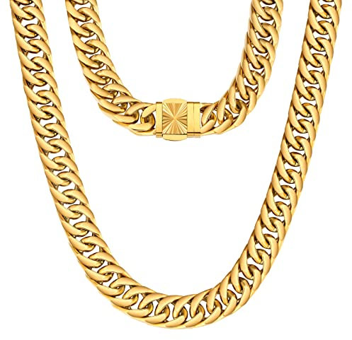 KRKC&CO 14mm Herren Panzerkette, breite dicke klassische kubanische Halskette aus Edelstahl, 18K vergoldete Cuban Link Chains, Hip-Hop Halsschmuck Weihnachten Geschenk für Männer Jung [Länge 55,9cm]