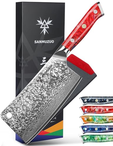 SANMUZUO Hackmesser 17 cm Profi Metzgermesser Damastmesser, Xuan Serie, VG10 Damaskus Stahl Küchenmesser mit Harz Griff(Sonnenuntergang Rot)