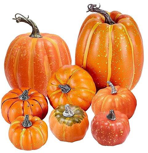 Atoke 8 Stück Kürbis Herbst Deko Dekoration, Groß Sortiert Weiß Kürbisse Künstliche Pflanzen Kürbisse für Deko Herbst Thanksgiving Halloween Party,Orange