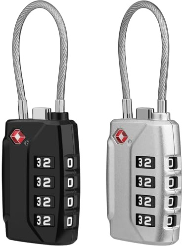 Diyife TSA Luggage Locks, [2 Packs] [Long Shackle] 4 Digit High Security Suitcase Padlocks, Flexible Combination Cable Padlock, Lock for Travel Suitcases Bag Case (Black&Silver), (UKTAL122BS-2P)