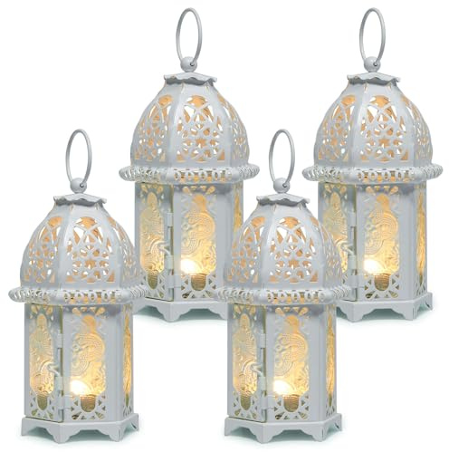 IMAGE Kerzenlaterne 4 Stück Hängende Laterne Metall Kerzenhalter mit Glasscheiben Deko für Weihnachten Hochzeit Garten Balkon, weiß