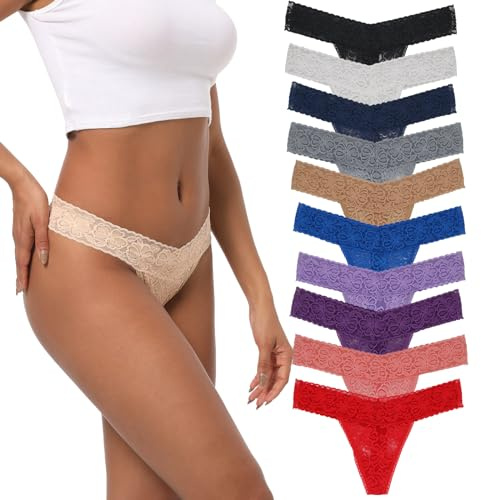 Yuamose Pack of 10 Lace Thongs For Women Super Soft Cute Stretchy Sexy Lacy Women Thongs Underwear Tagless Panties Trim Plus Size