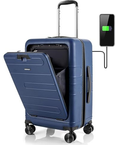 COSTWAY 20” Handgepäck mit Laptopfach, 40L Reisekoffer erweiterbar, Hartschalenkoffer mit Vordertasche, USB & Spinnerrädern, PC-Handgepäck Trolley mit TSA-Schloss für Geschäftsreisen (Blau)