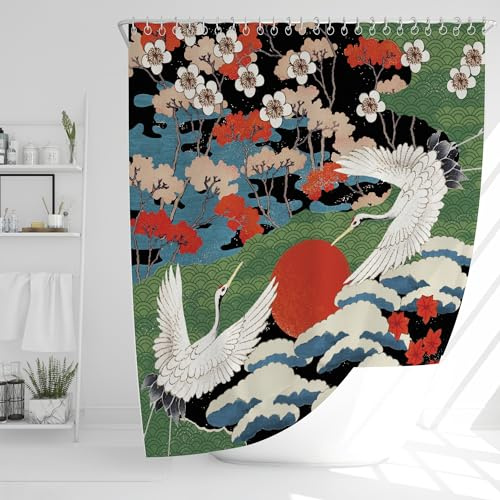 JJ PRIME - Japanisch Duschvorhang 180x180 | Duschvorhang Anti Schimmel | Duschvorhang Badewanne | Shower Curtain | Duschvorhang Japan - Duschvorhang Für Badewanne (Rotscheitel-Kranich)