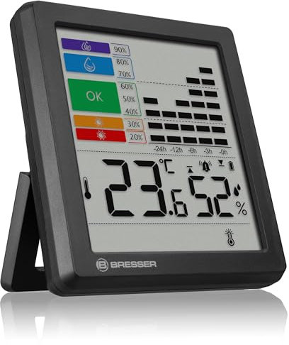 Bresser Thermo-Hygrometer mit Schimmelwarnung, Farb-Indikator, Raumklima-Manager, Misst Temperatur und Luftfeuchtigkeit, Grippe-/Hitzealarm, Grafische Feuchtigkeitshistorie, 95x85x21mm