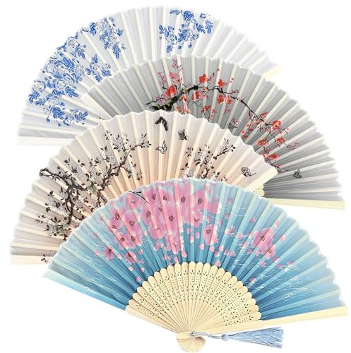 Set of 4 Foldable Bamboo Hand Fans in Chinese Style Hand Fans with Tassels, Perfect for Wall Decoration and Gifts, Folding Fan Wedding Decoration Party