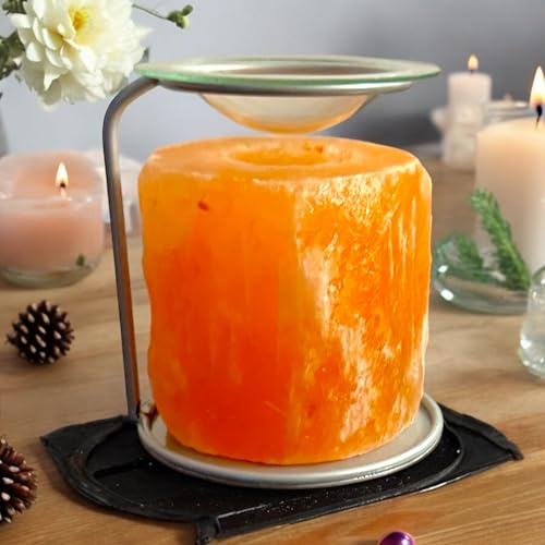 Pure Himalayan Crystal Rock Pink Salt Lamp Burner Essential Compatible Oil Wax Melt With Metal Stand Candle Fragrance Warmer Glass Dish Light Orange Love Home Heart Friend birthday gift (Silver stand)