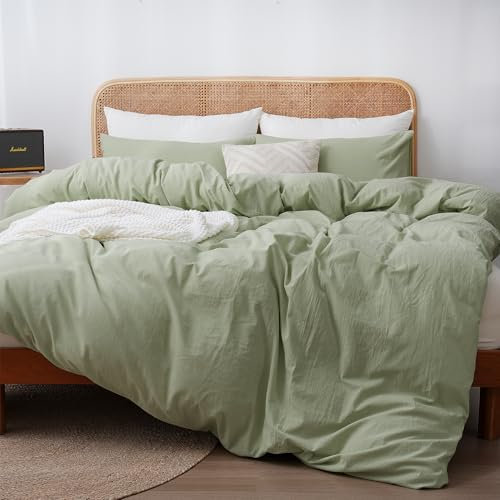 ATsense Bettwäsche 135x200 Baumwolle 4teilig, Stonewashed Bettwäsche-Sets Hellgrün Ähnlich wie Leinen, Oeko-TEX, Hypoallergen und Atmungsaktiv, 2 Bettbezug und 2 Kissenbezug 80x80