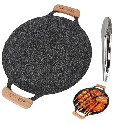 Koreanische BBQ Grillpfanne 30cm Runde Antihaft Grillplatte, Outdoor Camping Tragbare BBQ Grill Pfanne mit Holz Griff, Eisen Korea Teppanyaki Bratpfanne für Gaskocher(30cm)