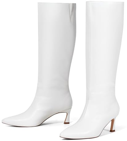 GENSHUO Botas altas hasta la rodilla para mujer, de piel, puntiaguda, tacón de aguja bajo, zapatos de vestir, largos, altos, para invierno, otoño, sexy, a la moda, cómodas, Blanco, 38.5 EU