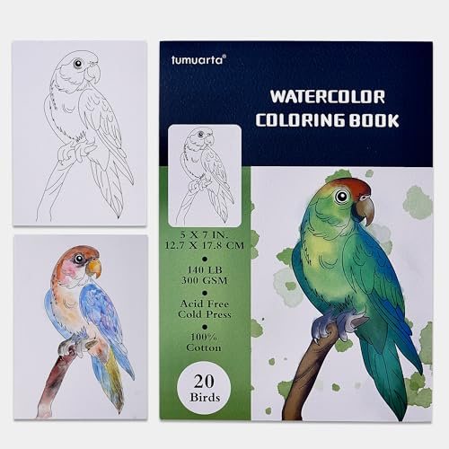 Aquarell-Malbuch, 20 einzigartige Blumenmuster, 12.7x17.8 CM, 100% Baumwolle, 300 GSM, 20 Blatt, Kaltpressung, säurefreies Aquarellpapier, leimgebunden. (Vögel)