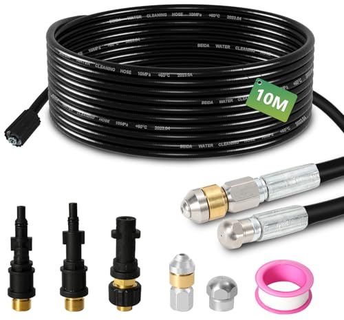 Eulenke Rohrreinigungsschlauch 10M, mit Düsen starr + rotierend, 3 Adapter, mit Kärcher K2 - K7 für handelsübliche Hochdruckreiniger, universelles Rohrreinigungs Set