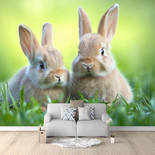 Coniglio Animale Erba Carta da Parati Fotografica Verde Design per Pareti Camera - Fotomurale Tessuto Non Tessuto Colla Non Inclusa 250x175 cm