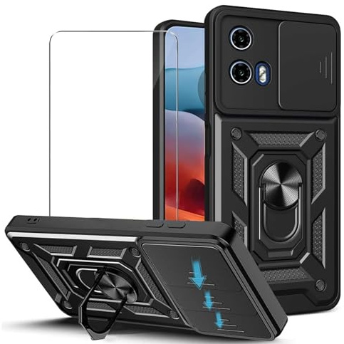 JDXHFF Negro Funda para Motorola Moto G35 5G (6.72) con Vidrio Templado | con 1 Piezas Protector de Pantalla - PC Dura y Suave TPU Carcasa Silicone con Giratorio de 360° Soporte Cubierta Case Negro
