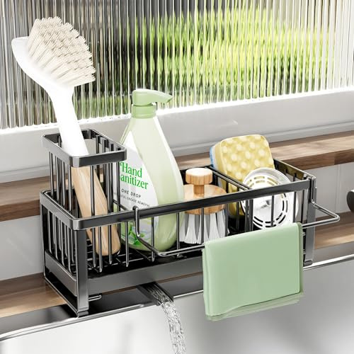 SWTYMIKI Kitchen Sink Caddy Organiser-Stainless Steel Sink Tidy with Auto Draining Tray, Removable Towel Rack, Rustproof Sponge & Brush Holder, Kitchen Storage Organiser for Countertop Sink Accessorie