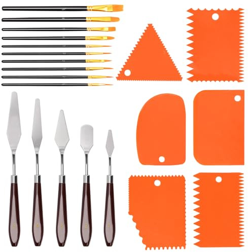 Swpeet Set di attrezzi per pittura a olio, in plastica arancione e palette con pennello Pearlescent, 5 coltelli per tavolozza, 6 raschietti e 10 pennelli Pearlescent, accessori artistici per pittura a
