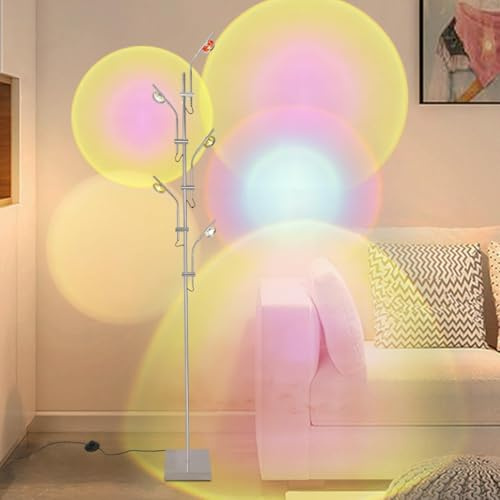 RGB Projektor Stehlampe Wohnzimmer,Led Stehleuchte mit 5 Leuchtenköpfe mit Einstellbaren Winkeln,Stimmungslicht Ambient mit Austauschbaren Farbfiltern für Schlafzimmer,Sonnenuntergang Lampe,Chrom