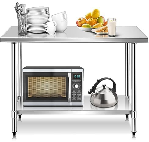 FANTASK Edelstahl Küchentisch Arbeitstisch, Edelstahltisch mit Höhenverstellbarer Ablage, Zubereitungstisch Gastro Tisch, Silber