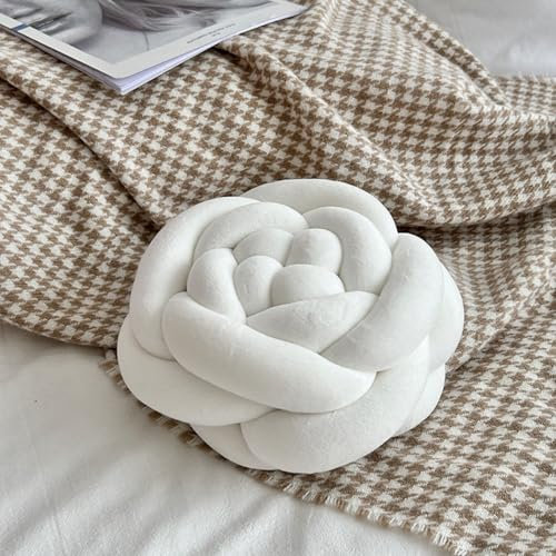 Ueiwffzo Knotenkissen, Rundes Kissen, Rose Dekokissen Knoten Gewebtes Plüschkissen Kissen, Sofakissen Bodenkissen Füllkissen Kopfkissen Für Wohnzimmer Deko Kinderzimmer (Weiß,28 * 28 * 13cm)