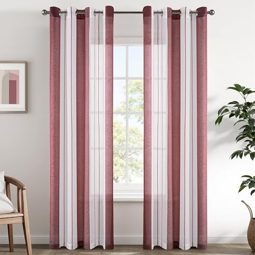 EMEMA Randiga gardiner transparent slöja 2uds 140 x 245 cm vit röd