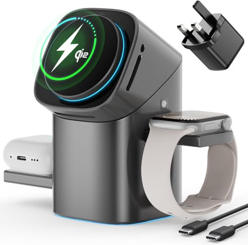 PKBD-2025 Stazione Wireless 3 in 1, Caricabatterie Mag-Safe 15W con Rotazione 180° per iPhone 16/15/14/AirPods/Apple Watch, Ventola di Raffreddamento (Include Adattatore 30W)