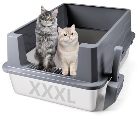 Bartuke Kattlåda med lock, XXL kattsandlåda i rostfritt stål för stora katter 3-lagers avtagbar kattlåda med lock & skopa och pedal, Klibbar inte, luktar inte, lätt att rengöra, grå