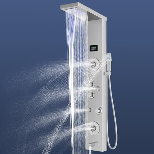 Stainless Steel Shower Panel with LED,5 in 1 Function Column,Manually Controlled Thermostatic Shower Panel Column Tower with Waterfall Rainfall Shower, Massage Jets, Hand Shower, Tub Spout